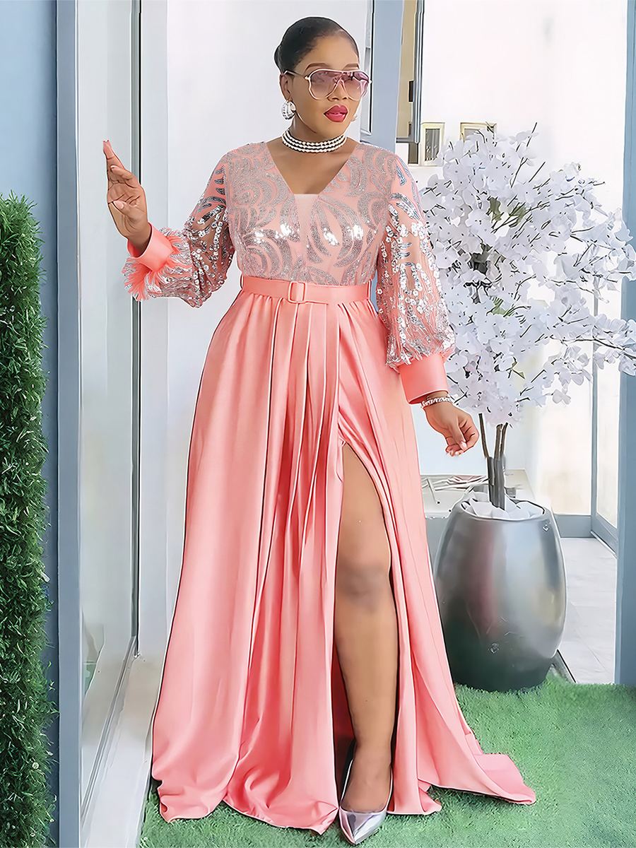 Sequin lace V-neck long dress — wholesale African women's occasion dress photo 2