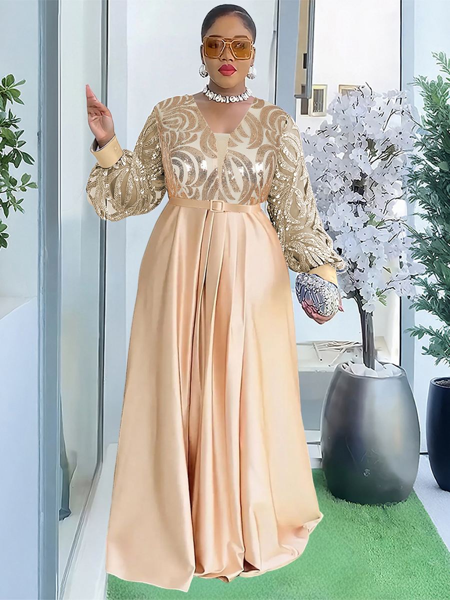 Sequin lace V-neck long dress — wholesale African women's occasion dress photo 3