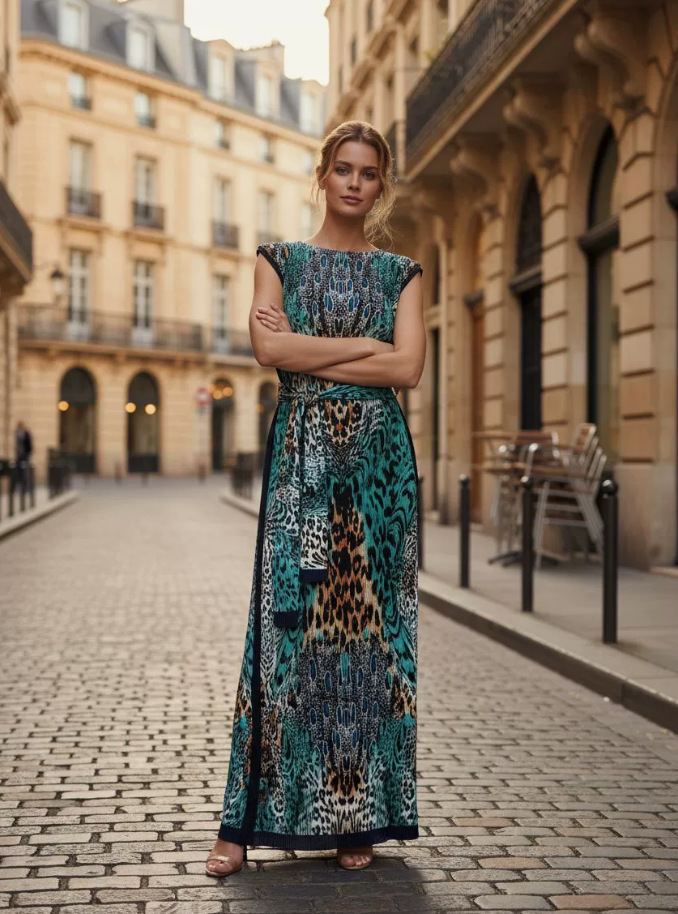 Plus-size printed pleated maxi dress with leopard print and gold chain pattern photo 3