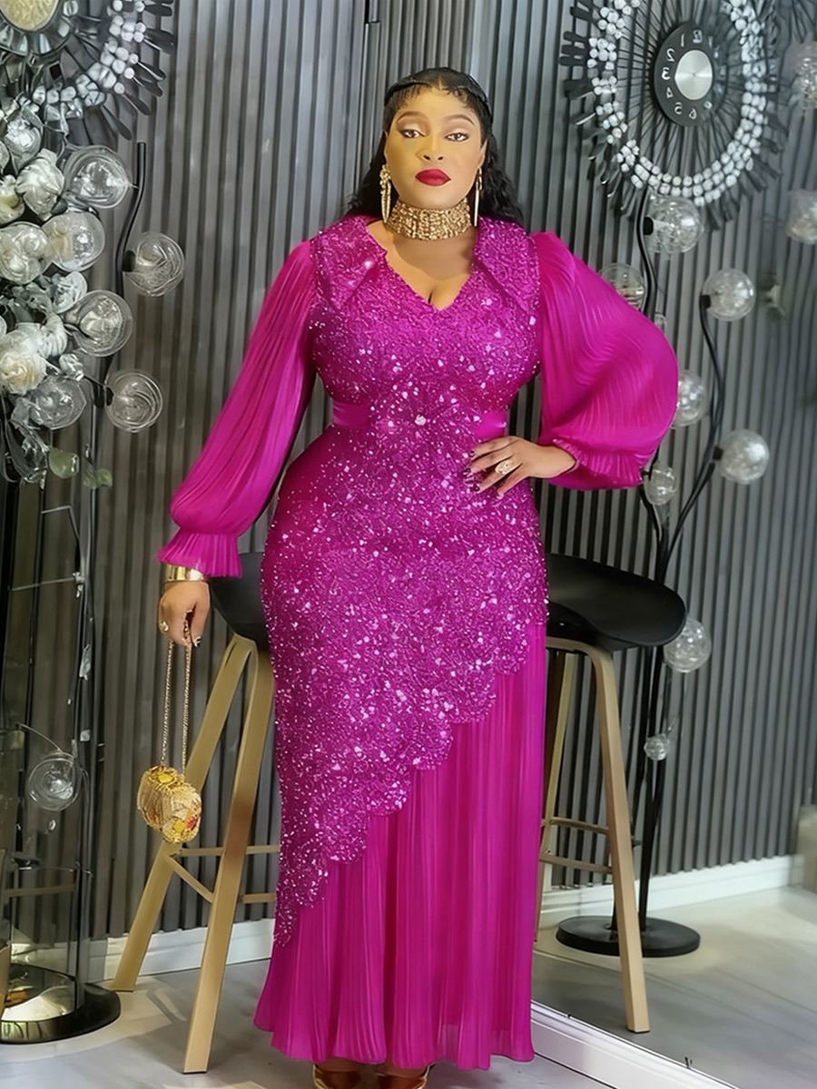Magenta sequin V-neck evening gown with bishop sleeves