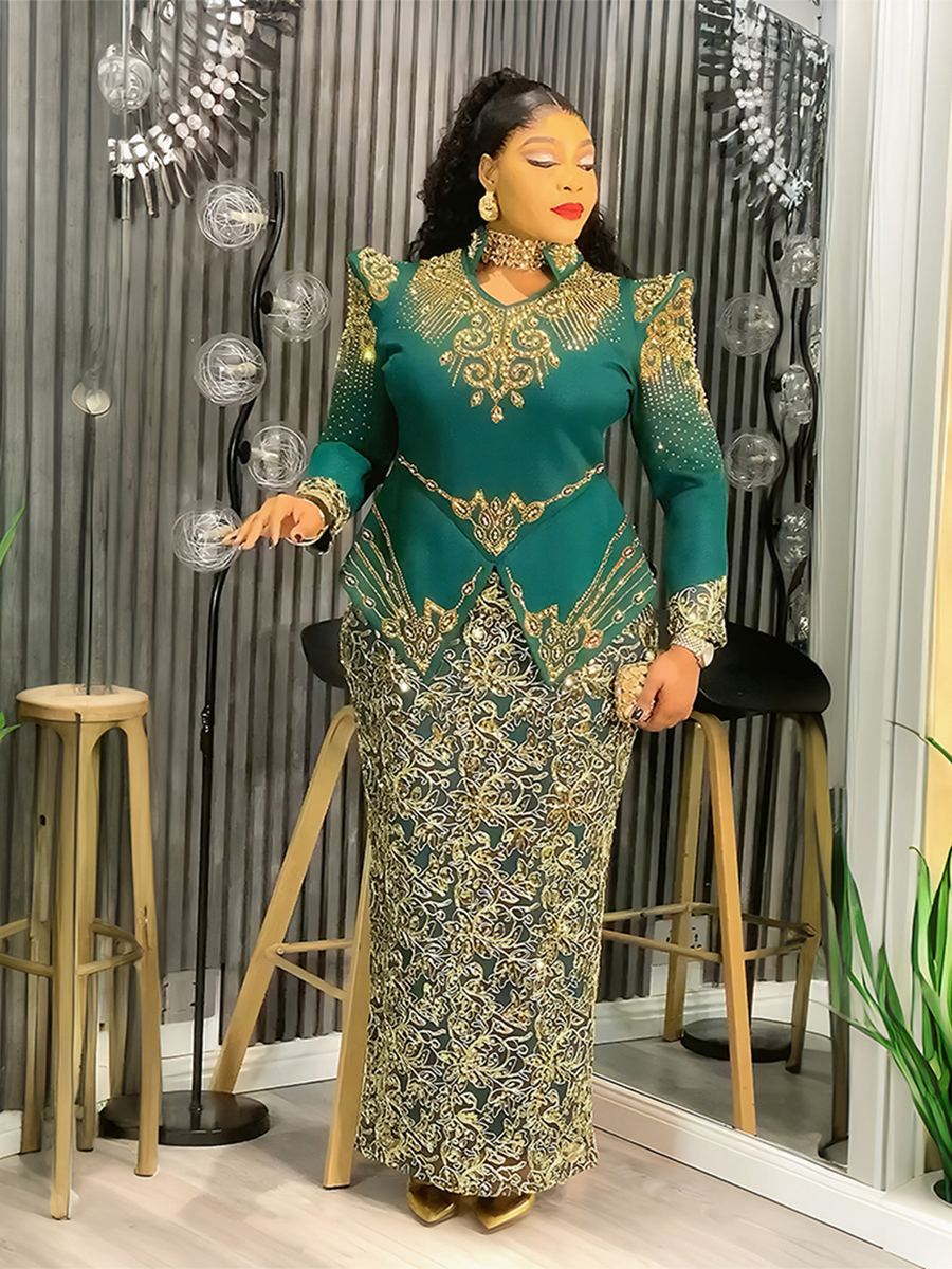Emerald and gold embroidered two-piece African gown set with peplum top