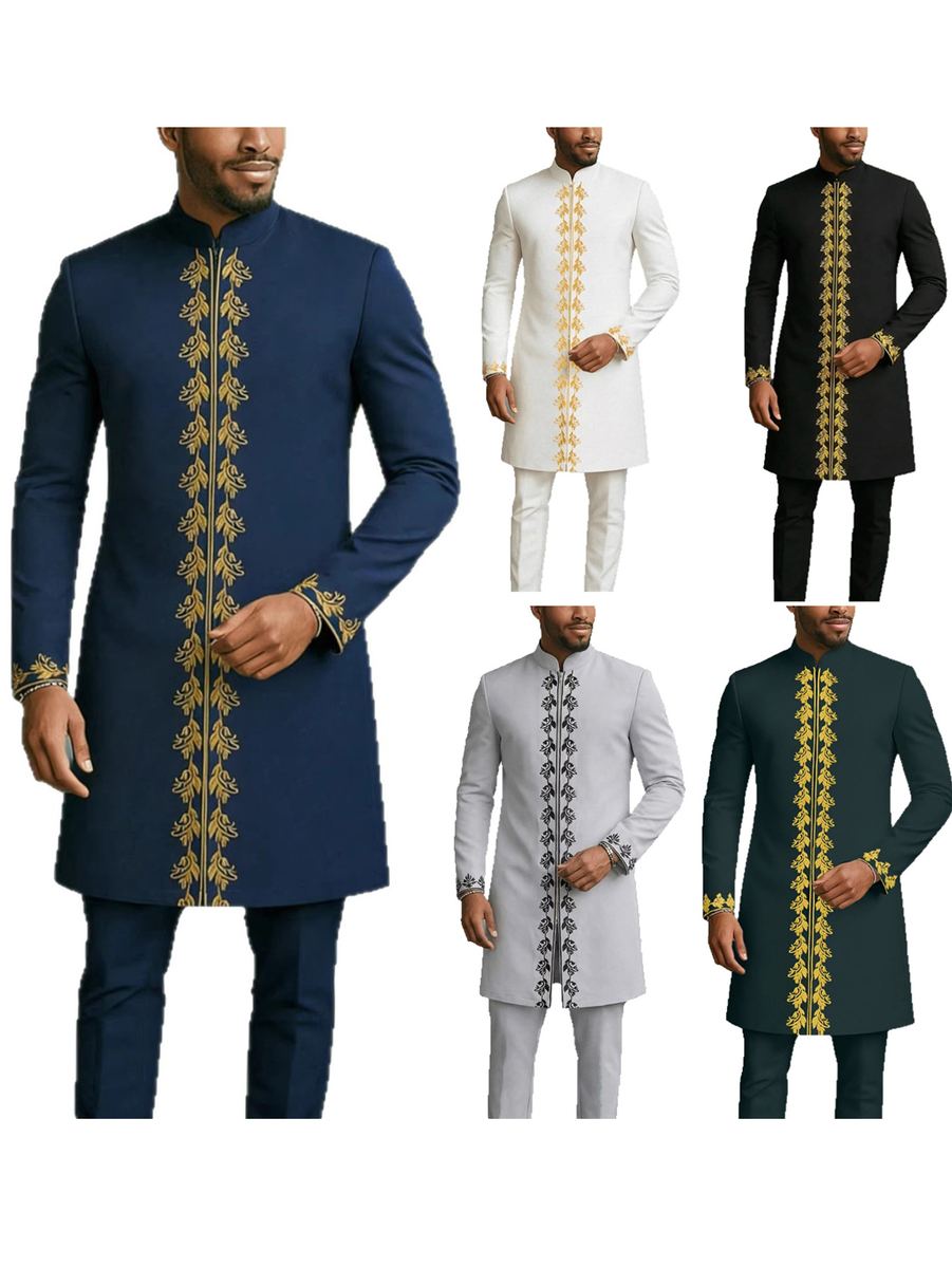 Men's African embroidered two-piece suit set in five colors with gold scroll embroidery