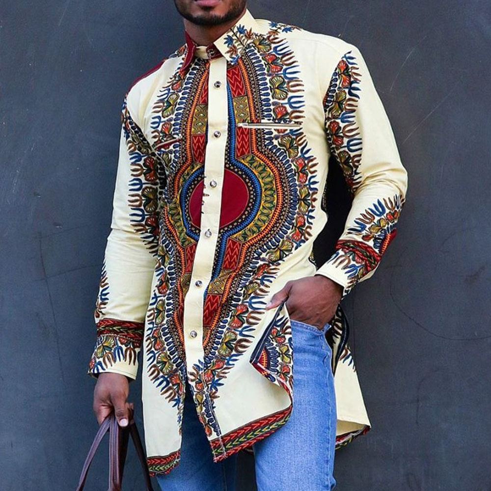 Men's cream African print dashiki shirt with vibrant multicolor placement print
