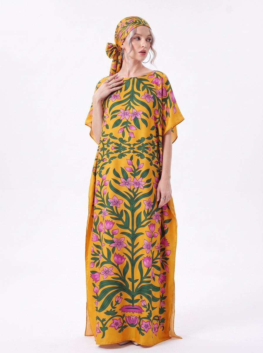 African print kaftan set in mustard yellow with botanical pattern and matching headwrap