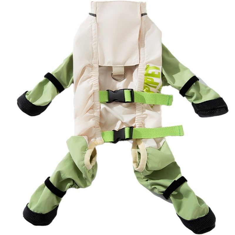 Ivory and sage-green four-leg dog suit with belly flap and boot cuffs laid flat