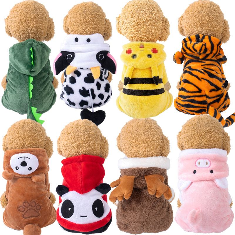 Toy dogs wearing fleece animal costumes — dinosaur, cow, tiger, panda and reindeer