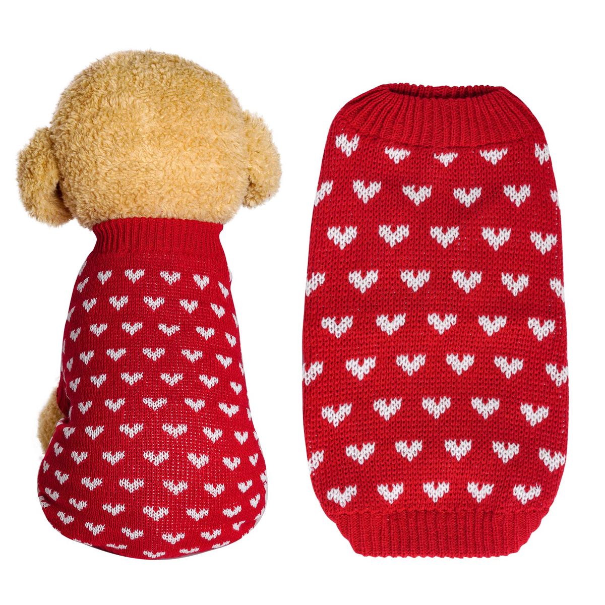 Red knitted dog sweater with white heart pattern on a plush toy