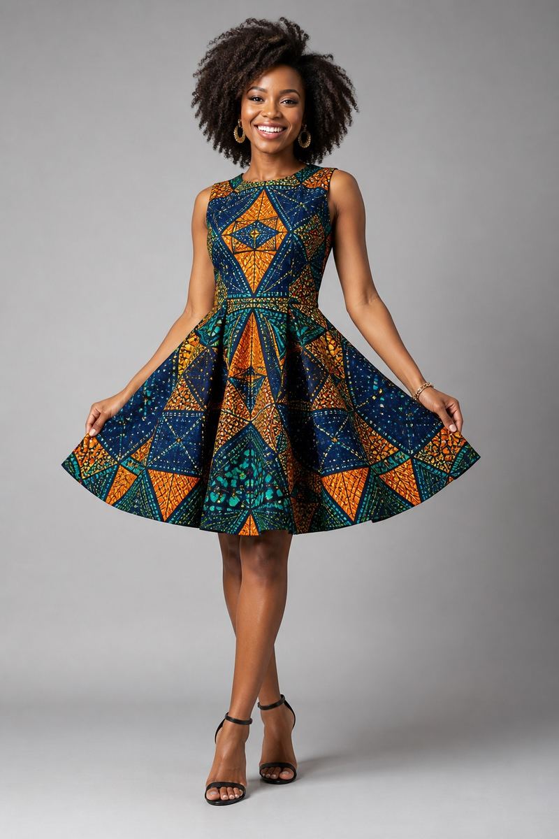 Vibrant ankara print dress with geometric pattern