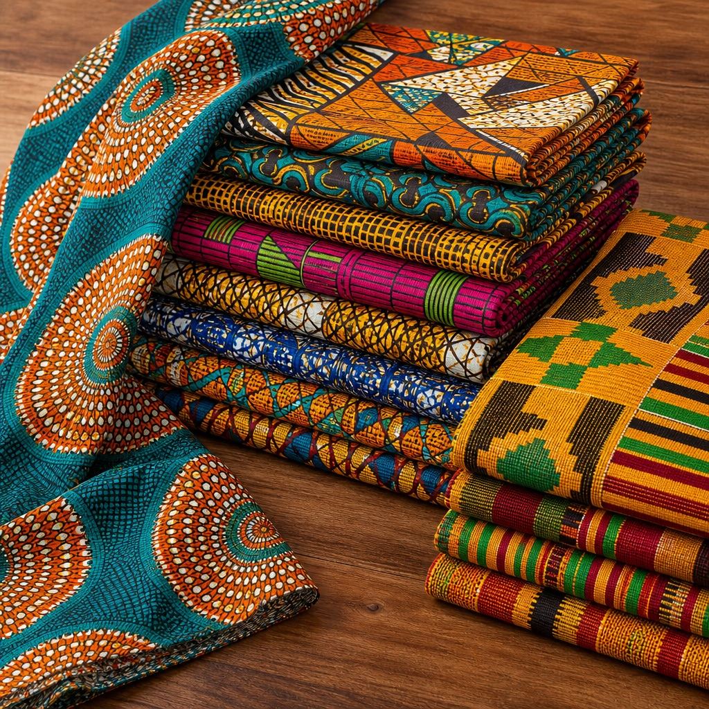 Folded stacks of ankara and kente fabrics