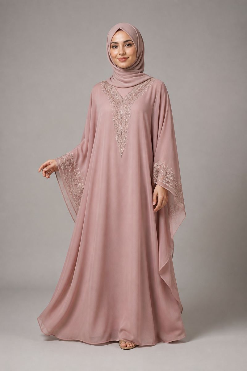 Flowing embroidered kaftan in dusty rose