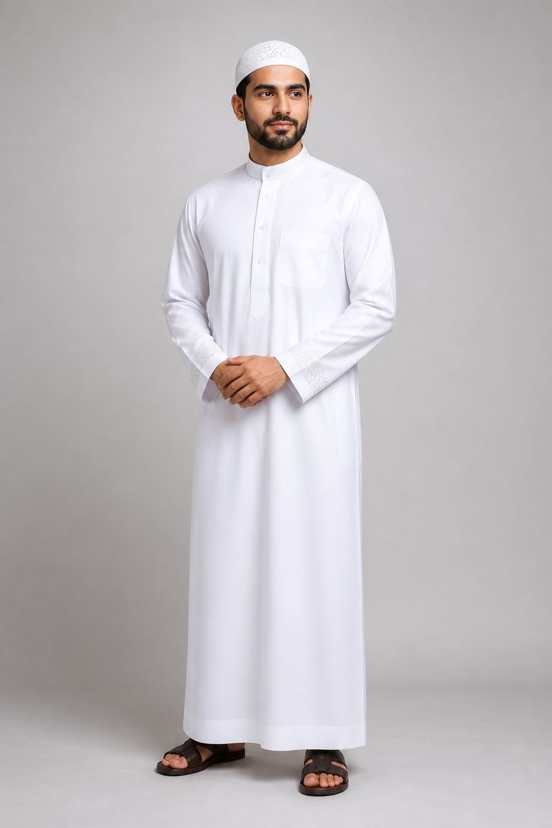Man wearing a white thobe with kufi cap