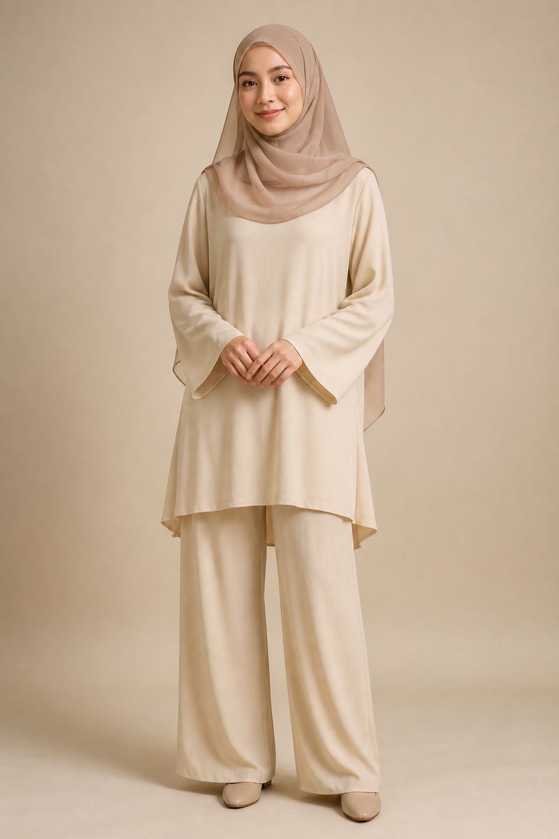 Two-piece modest prayer dress set in ivory tones